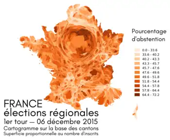 carte montrant le taux d'abstention, où la surface d'un territoire est proportionnelle à son nombre d'inscrits sur les listes électorales