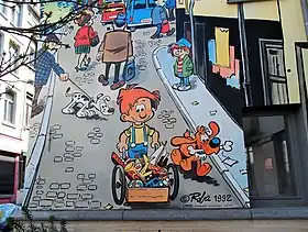 Fresque représentant Boule et Bill sur le parcours BD de Bruxelles.