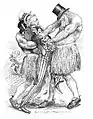 Caricature représentant un homme en train de se faire dévaliser par deux brigands.