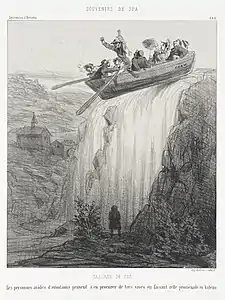 « Cascade de Coo. Les personnes avides d'émotions peuvent s'en procurer de très vives en faisant cette promenade en bateau. », paru dans Le Charivari du 22 août 1872.