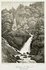 Cascade du Cœur, vallée de Lys près Luchon, lithographie.