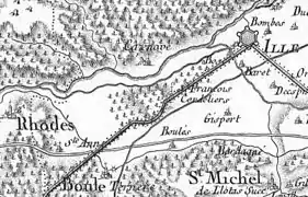 Casesnoves (Cazenove) entre Ille et Rodès (Rhodés) sur la carte de Cassini (1781).