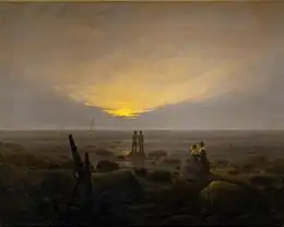 Peinture d'un coucher de soleil observé par deux couples.