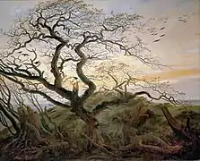 L'Arbre aux corbeaux de Caspar David Friedrich, 1822 : les corbeaux y sont interprétés comme symbolisant la mort.