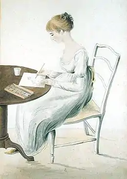 Dessin aquarellé : jeune fille assise en train d'aquareller un dessin