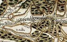 Carte ancienne montrant les bois, les champs et les villages autour de Ronchamp et Champagney