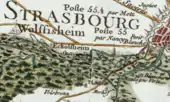 Extrait de carte ancienne sur laquelle Strasbourg est visible à l'est.
