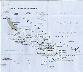 Carte des îles Salomon partagées entre les Salomon (en clair) et la Papouasie-Nouvelle-Guinée (en foncé).