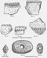 Céramiques et pierres perforées trouvées dans l'éperon barré de Castel-Meur (dessin de Paul du Châtellier).