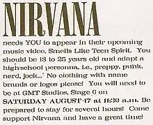Extrait de la petite annonce passée par Nirvana dans le but de trouver des participants pour le tournage du clip.