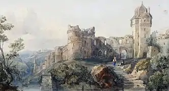 Ruines de château près d'une rivière (années 1830)