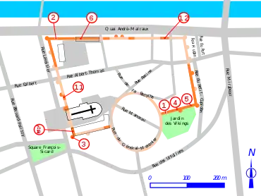 plan du quartier de l'enceinte avec repères indiquant l'emplacement des vestiges, détaillés ci-après
