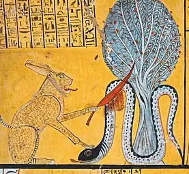 Chat tuant un serpent devant l'arbre-iched (chap. 17, Livre des morts). Deir el-Médineh. Tombe d'Inerkhaouy (chef d'équipe, « pluridisciplinaire »)