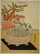 Gravure japonaise montrant un chat penché sur un grand vase