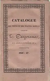 Le titre « Catalogue des fruits et des plantes modelés composant le carporama, rue Grange-Batelière, Modèle:N°2, Prix 50 c », est encadré d'une frise et imprimé dans des styles de caractères variés.