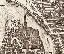 Notre-Dame de Paris, le cloître Notre-Dame et le Terrain à la pointe est de l'île de la Cité, en 1618.