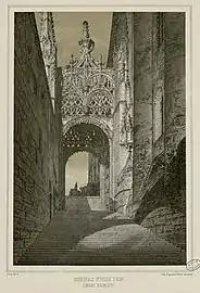 Dessin noir et blanc montrant un escalier engoncé dans le sombre couloir délimité par la cathédrale et le haut mur de la ville.