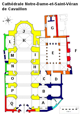 Plan schématique d'un église dont les phases de construction sont matérialisées par des couleurs différentes.