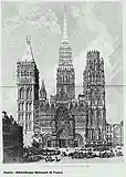 La cathédrale Notre-Dame de Rouen, gravure de 1822, avant la construction de la flèche de fonte culminant à 151 m. en 1876.