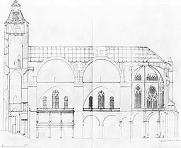 Dessin de 1841 représentant la cathédrale, en coupe. On y voit les combles au-dessus des coupoles.