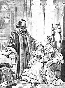 Catherine de Médicis et Marie Stuart chez Nostradamus (1840), gravure de Damours d'après Rimbaut-Borrel.