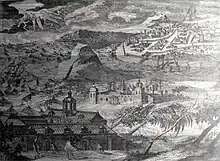 Dessin du XVIIe siècle, montrant le séminaire Saint-Joseph à Ayutthaya au premier plan, avec les canaux et la ville à l'arrière.