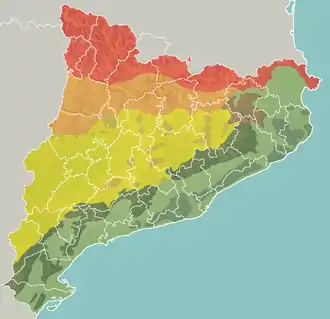 Carte de Catalogne avec la Cordillère littorale en vert-gris.