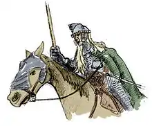 Croquis d'un homme blond portant un casque, une cotte de mailles et une cape verte, à dos de cheval, tenant une lance à la main