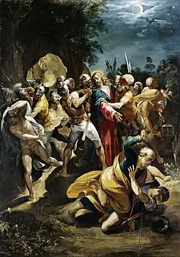 Arrestation du Christ (1597),avec Malchus à droite et le jeune homme nu à gaucheMusée de Cassel
