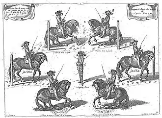 Gtravure montrant plusieurs cavaliers et chevaux dans différentes postures.