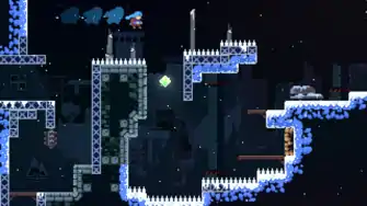 Capture d'écran en couleurs d'une scène de jeu dans laquelle un personnage minuscule par rapport à l'étendue du décor se déplace entre différentes trappes et dangers placés au sol et sur les murs.