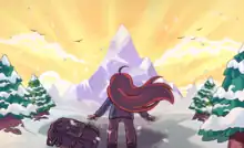 Une jeune fille rousse avec un sac de randonnée, entourée de sapins, observe une montagne.