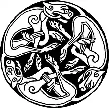 Certains entrelacs du Haut Moyen Âge celtiques et germaniques sont uniquement composés de figures animales (ici chien ou loup).