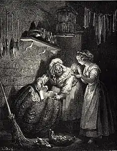 « La Fée marraine de Cendrillon creusa la citrouille et, n'ayant laissé que l'écorce, la frappa de sa baguette magique, et la citrouille fut aussitôt changée et transformée en un beau carrosse d'or tout doré ». Illustration de Gustave Doré de 1867.
