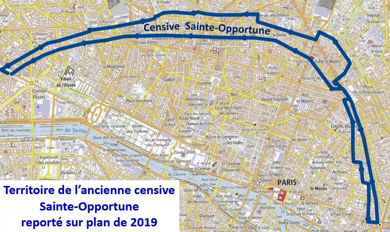 Territoire de la censive Sainte-Opportune sur un plan de 2019
