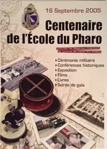 affiche du centenaire avec un képi de médecin capitaine des troupes coloniales au premier plan, des photos historique, un microscope et donnant le programme des manifestations