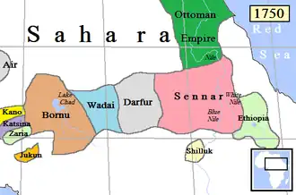 L'Empire bornou et les royaumes sahéliens orientaux vers 1750.