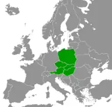 Carte où l'Autriche, la Pologne, la Tchéquie, la Slovaquie et la Hongrie sont en vert.