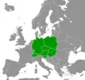 Carte où apparaissent Pologne, Tchéquie, Slovaquie, Hongrie, Allemagne, Suisse, Autriche, Slovénie (en vert).