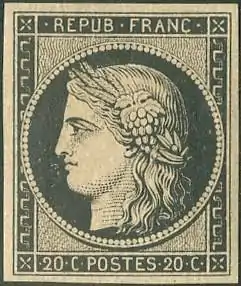 Le premier timbre français : le 20 centimes noir type Cérès 1849.