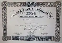 Certificat de récompense de l'exposition universelle de Philadelphie de 1876