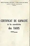 Certificat de capacité à la conduite d'un taxi dans les années 1980.