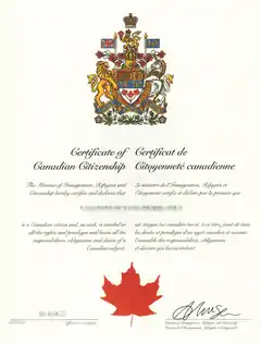 Image numérisée d’un certificat de citoyenneté canadienne délivré en 2018.