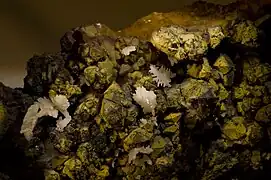 Cérusite, quartz, pyromorphite, mine des Farges, Ussel (Corrèze), (9,5 × 6,2 cm ;  XX 1,2 cm)