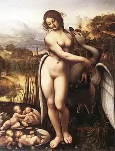 Peinture d'une femme debout à côté d'un cygne qui enlace ses jambes de son aile.