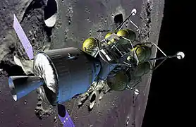 Vue d'artiste de l'Orion version 2008 et du module lunaire.