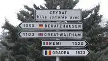 Panneaux indiquant les villes jumelées avec Ceyrat