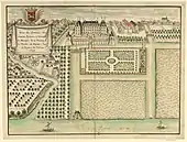 Plan en couleur d'un château et de ses jardins.