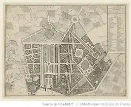Plan général du château et de ses jardins vers 1725. Le nord (entrée vers Bagnolet) est en bas de la gravure.