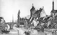 Gravure représentant la Mayenne à Laval, avec le château en évidence.